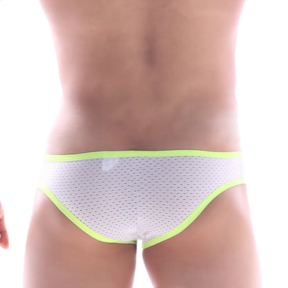 White mesh briefs with neon green trim from MetroMaleWear Focus Brief White 6107-00 showcasing breathable design
