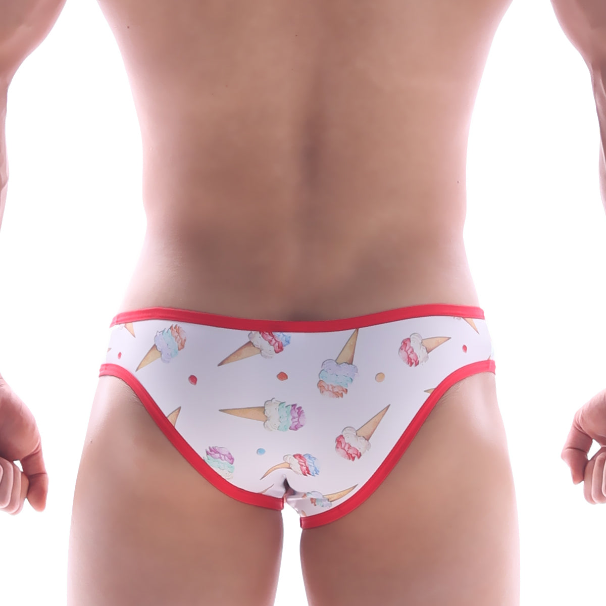 White briefs with red trim featuring a playful ice cream cone pattern from MetroMaleWear Focus Brief 6107-31