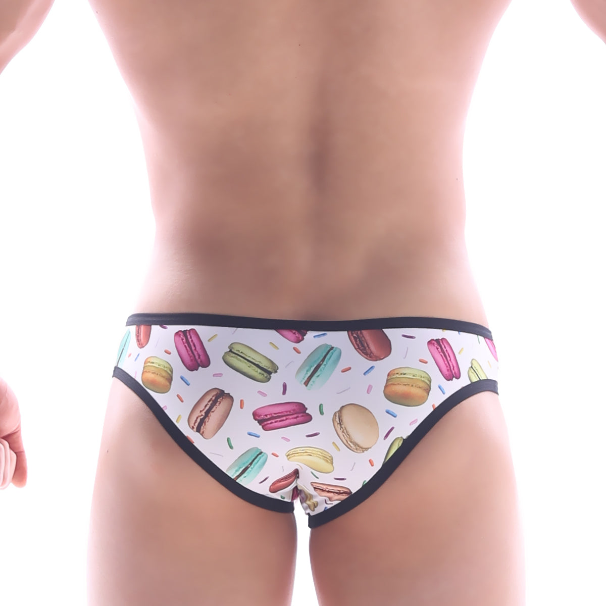 White briefs with playful pink green yellow and beige macaron pattern and black trim metro male wear focus brief 6107-32