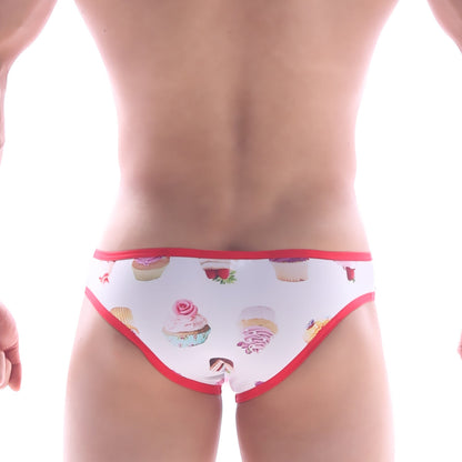 White briefs with playful cupcake pattern and red trim from metromalewear focus brief sweet cake 6107-33