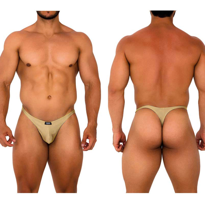 Beige MetroMaleWear Fantasy Thong gold 6112-21 with a small black brand tag on the front in soft fabric