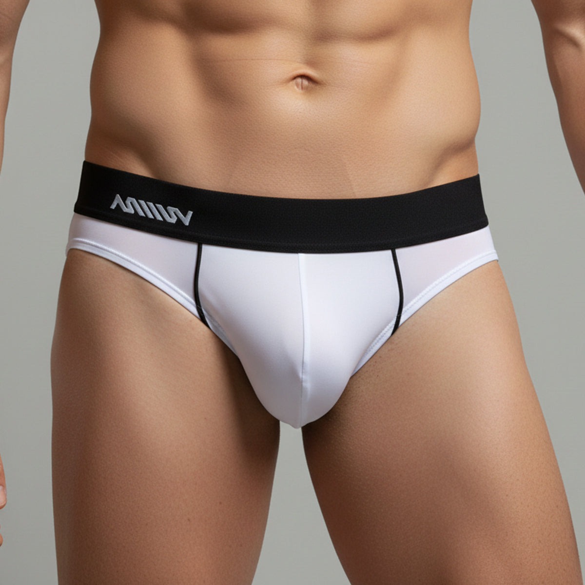 White men’s briefs MetroMaleWear Flow Brief 6113-00 with black waistband and silver amw logo for comfortable wear