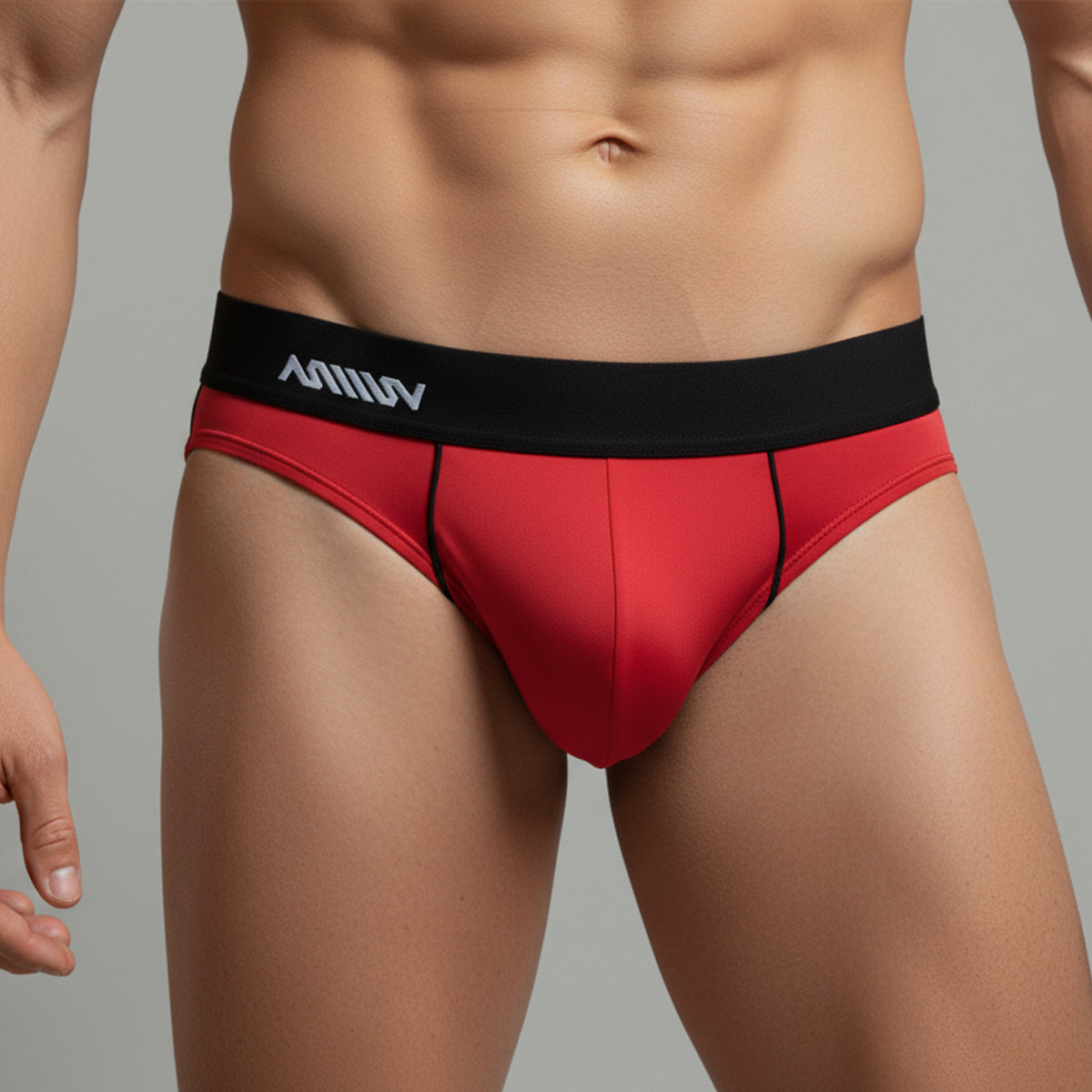 Red men’s briefs metroMalewear flow brief 6113-12 with black waistband and white lettering for comfortable wear