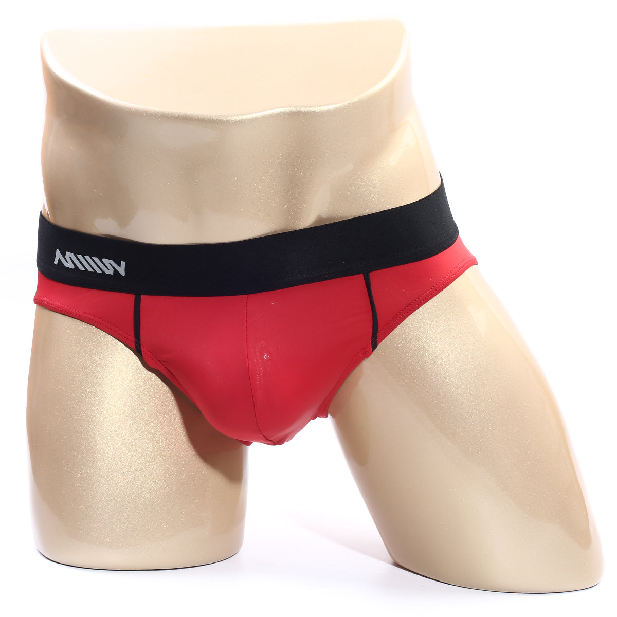 Red men’s briefs metroMalewear flow brief with black waistband and white miiiv logo for comfortable daily wear