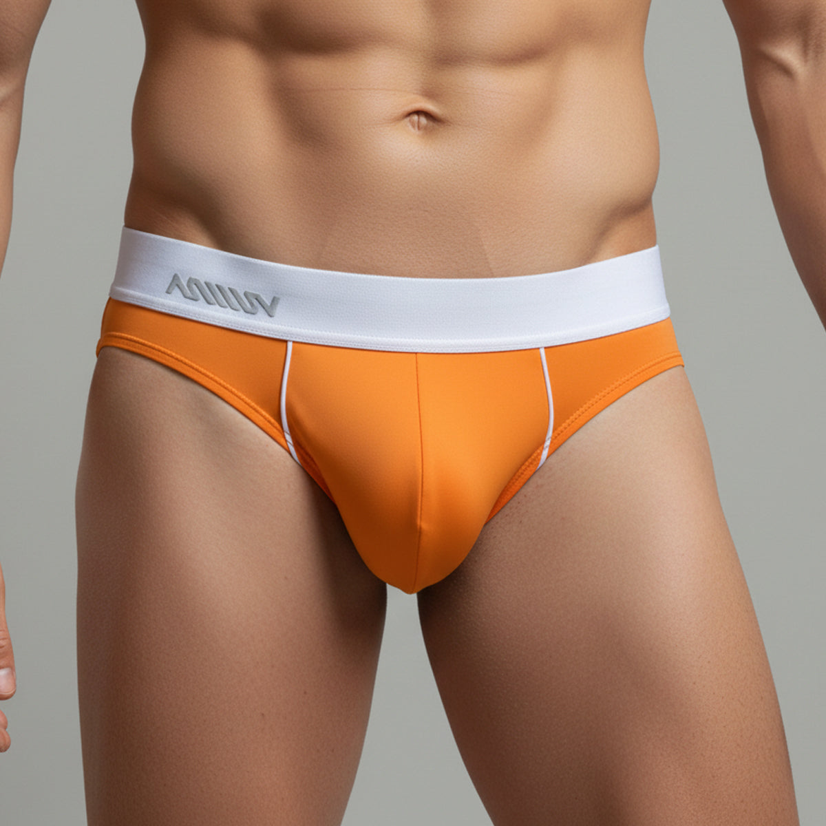 Orange men’s briefs metroMalewear flow brief 6113-14 with white kolly waistband and subtle white side stitching