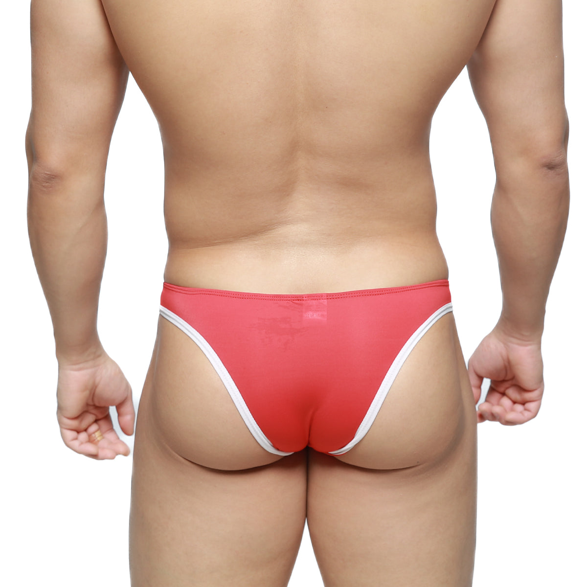 Red and white MetroMaleWear top bikini thong with sleek form-fitting design ideal for stylish swimwear use