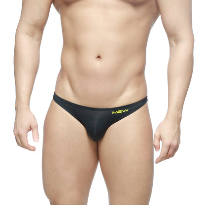 Black m2w brand thong metro malewear super lowrise bikini black 6115-20 with sleek fit and neon yellow logo waistband