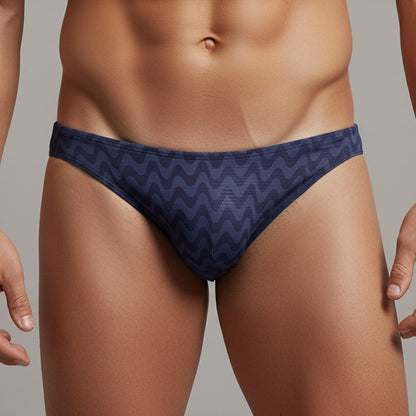 Navy blue MetroMaleWear Senal lowrise bikini briefs with subtle wavy pattern for comfortable everyday wear