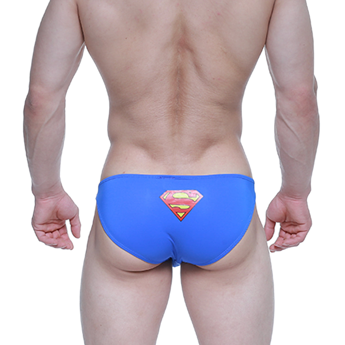 Metro male wear super lowrise bikini swim trunks in bright blue with superman logo perfect for swimming and beachwear