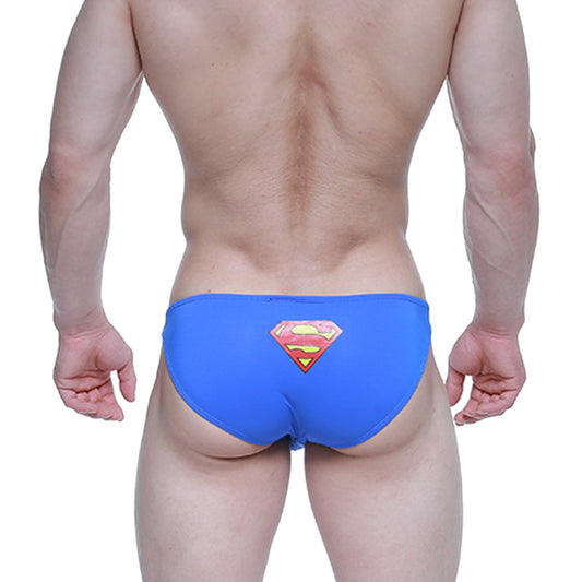 Metro male wear super lowrise bikini swim trunks in bright blue with superman logo perfect for swimming and beachwear