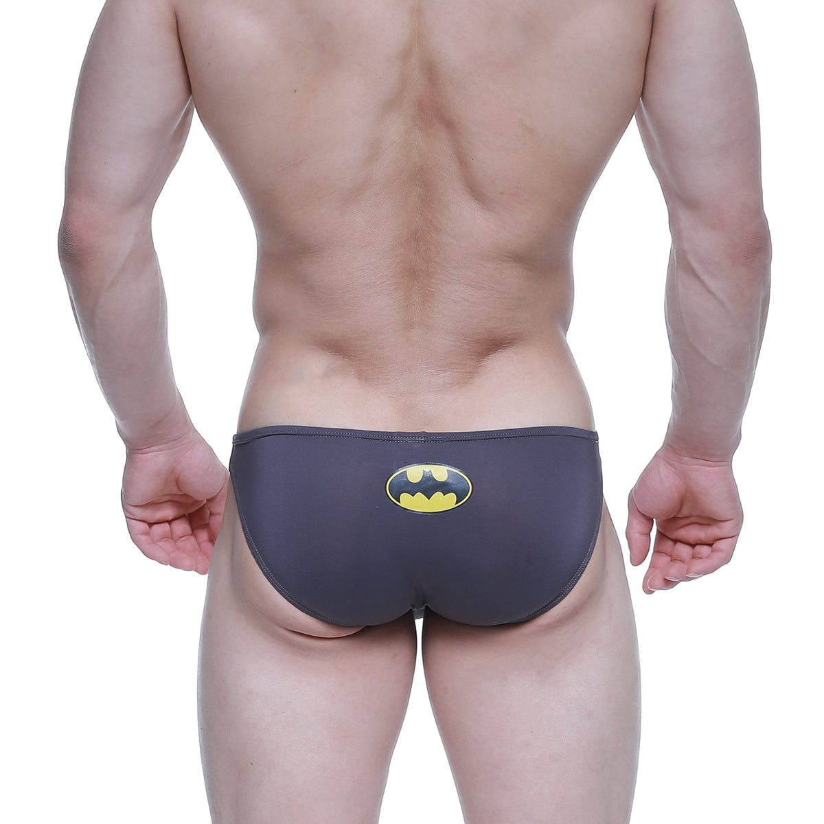 Dark gray metroMalewear super lowrise bikini swim trunks with yellow and black batman logo on the back