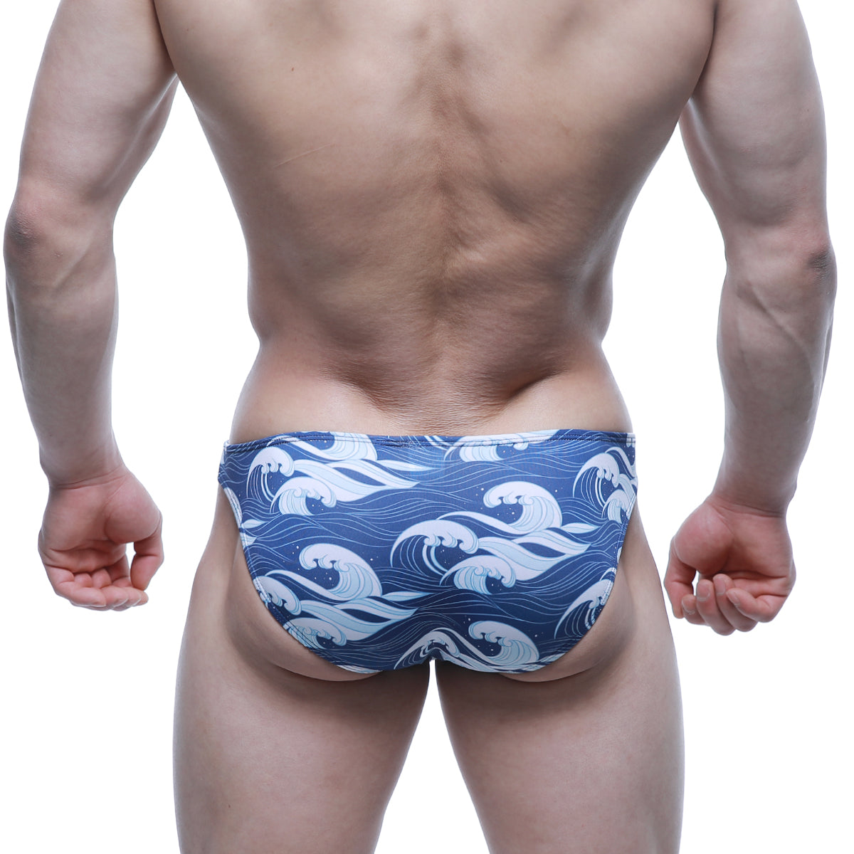 Blue swim trunks metroMalewear pado lowrise bikini 6115-66 featuring a white wave pattern for beachwear