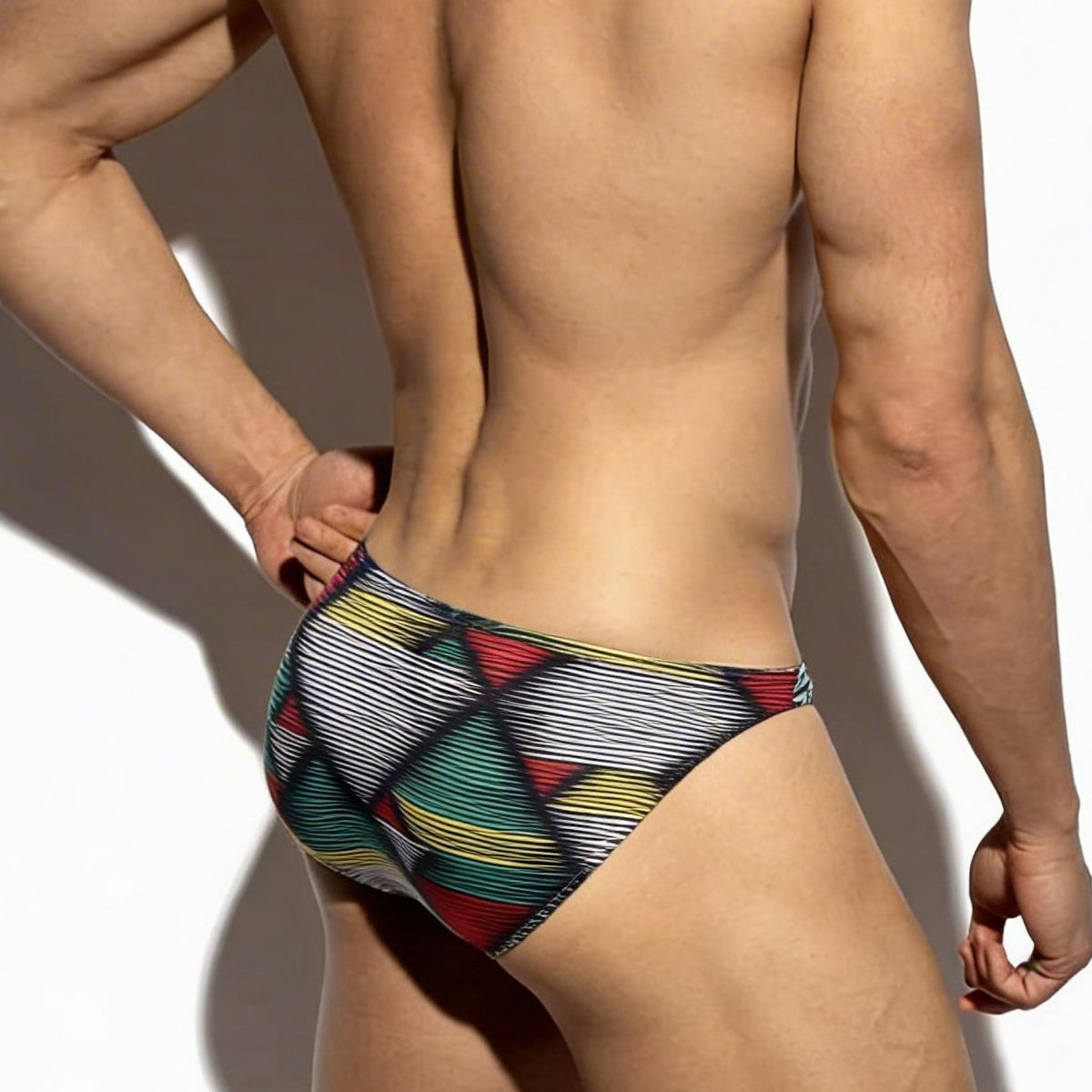 MetroMaleWear super lowrise bikini cebada 6115-80 vibrant geometric patterned swim trunks in red green yellow and black stripes