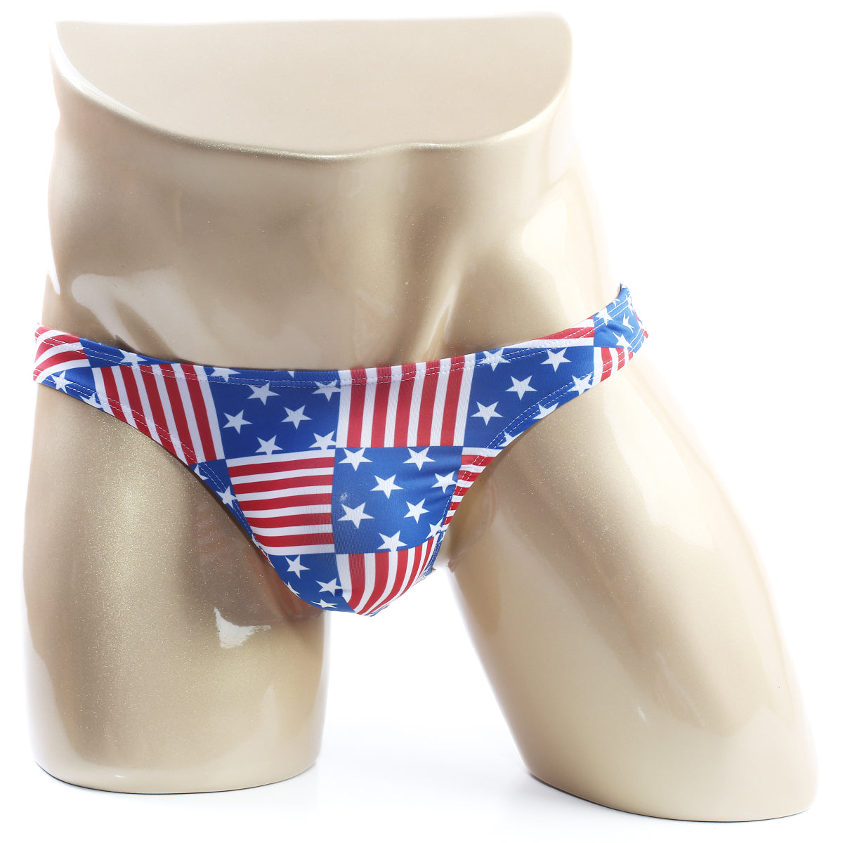 MetroMaleWear super lowrise bikini swim trunks featuring American flag patchwork design with red white and blue stripes and stars