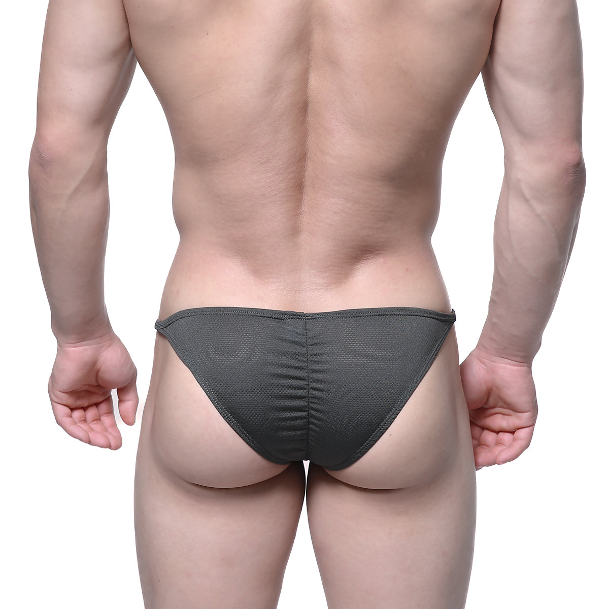 Dark gray textured fabric briefs with ruched back design from metromalewear fantasy bikini khaki 6116-26 collection