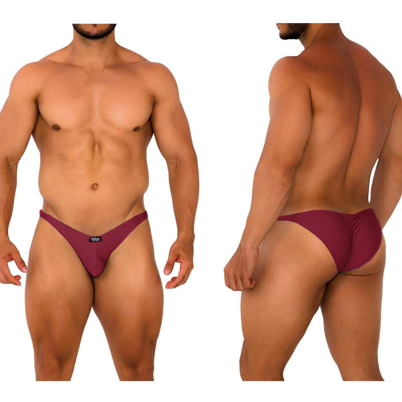 Maroon metro malewear fantasy bikini briefs with sleek design and small black logo front in form-fitting fabric