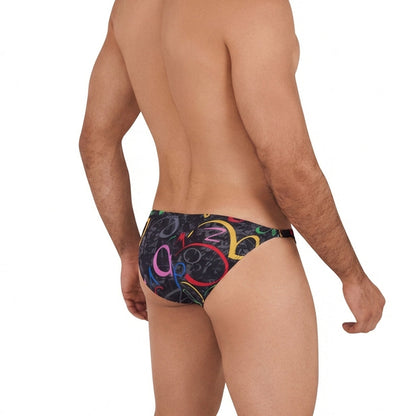 Black swim trunks metroMalewear fantasy bikini pinaculo 6116-44 with vibrant colorful abstract swirling lines pattern