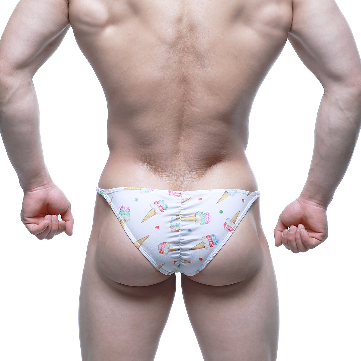 White swim trunks from MetroMaleWear fantasy bikini 6116-60 with colorful ice cream cone and sprinkle pattern