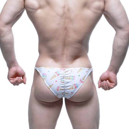 White swim trunks from MetroMaleWear fantasy bikini 6116-60 with colorful ice cream cone and sprinkle pattern