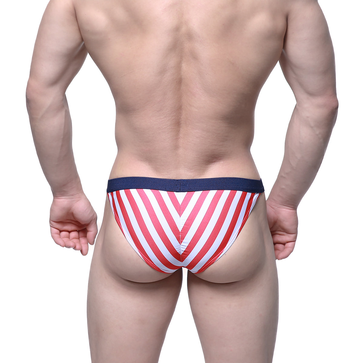 Metro malewear caramelo bikini red 6117-40 red and white striped men’s briefs with navy blue waistband