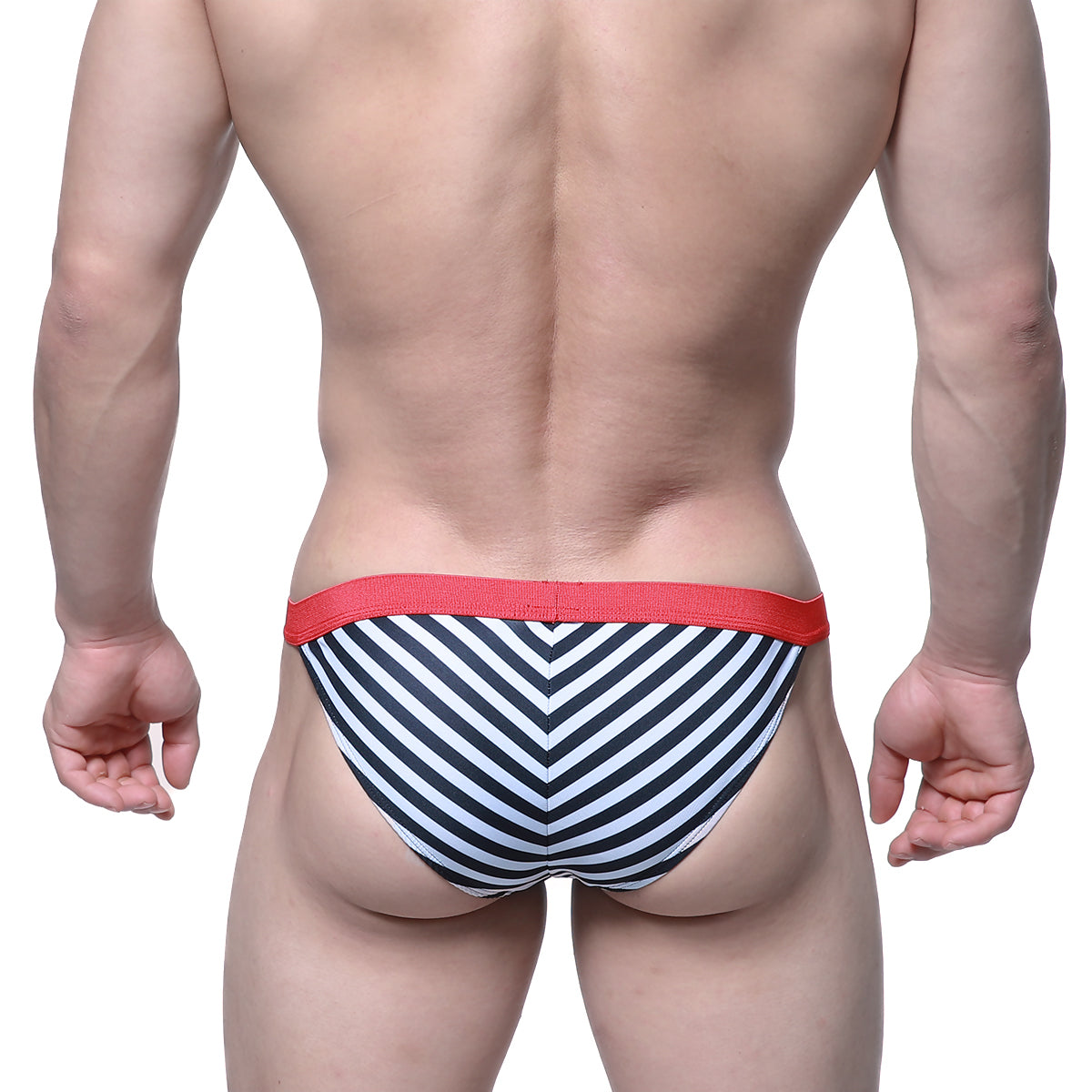 MetroMalewear caramelo bikini black swim trunks with black and white chevron stripes and red elastic waistband