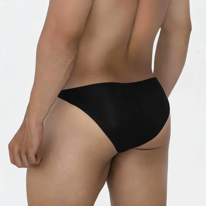 Black men's bikini underwear from MetroMaleWear featuring a sleek design and minimal coverage shown from the back