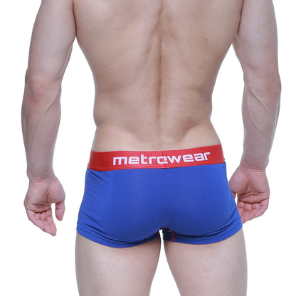 Blue metrowear boxer briefs with a red waistband and white lettering from the MetroMaleWear Superman Trunk 6123-18 collection