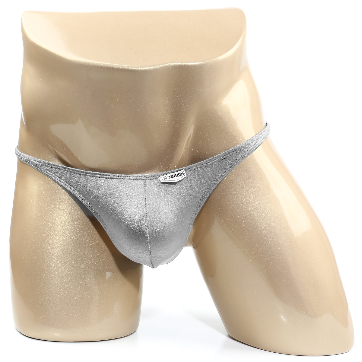 Silver metallic TROZO bikini thong featuring a small rectangular MetroMaleWear brand tag on the front