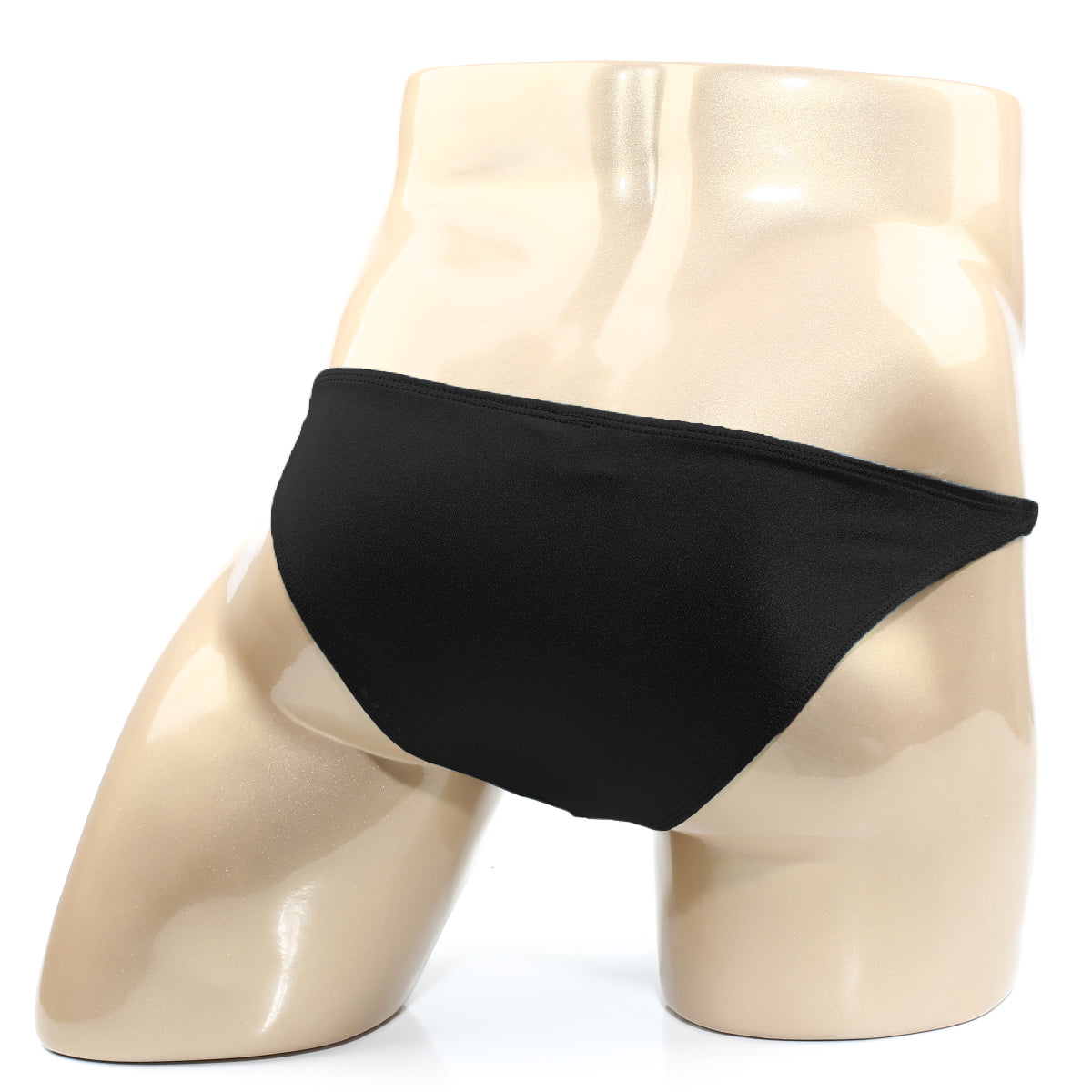 Black smooth-textured metroMalewear TROZO bikini briefs displayed on a mannequin showing front view