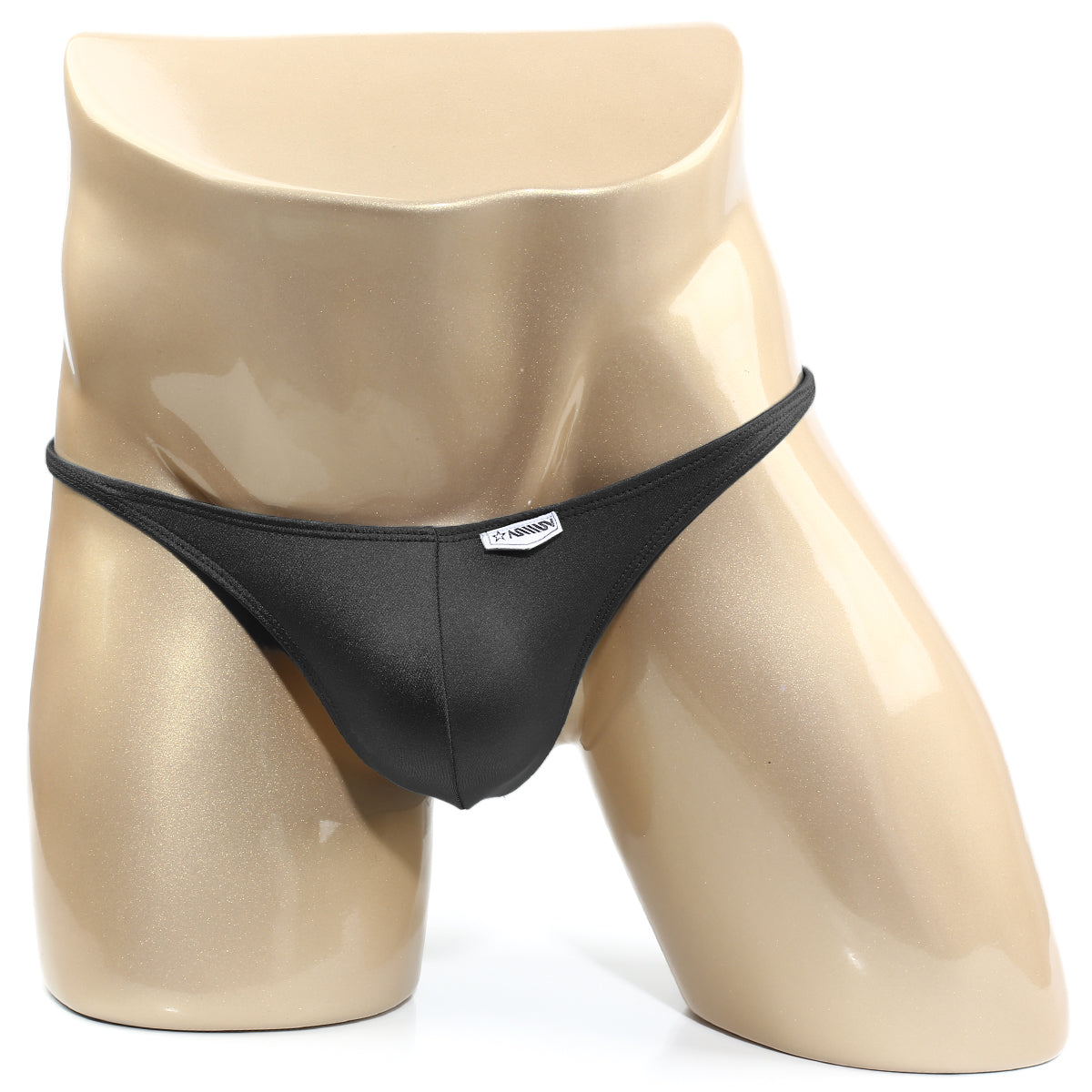 Black sleek minimalist thong with subtle MetroMaleWear brand tag at front perfect for stylish daily wear