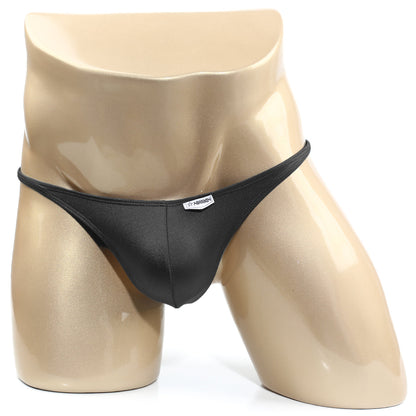 Black sleek minimalist thong with subtle MetroMaleWear brand tag at front perfect for stylish daily wear