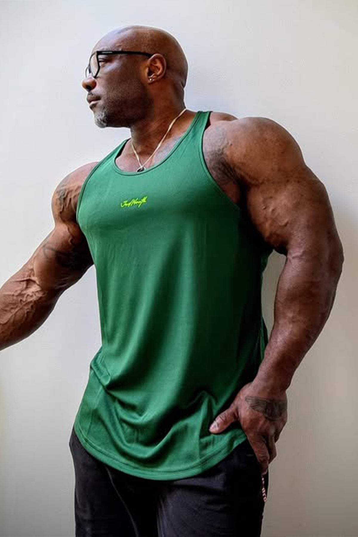 Jed North Men's Fast-Dry Bodybuilding Workout Stringer - Green w/ Neon Logo