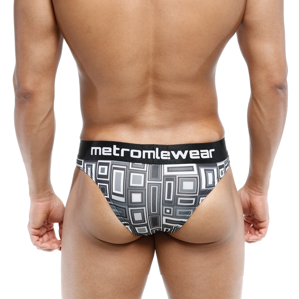 Metro malewear basalto half back bikini briefs in black and gray geometric pattern with black branded waistband
