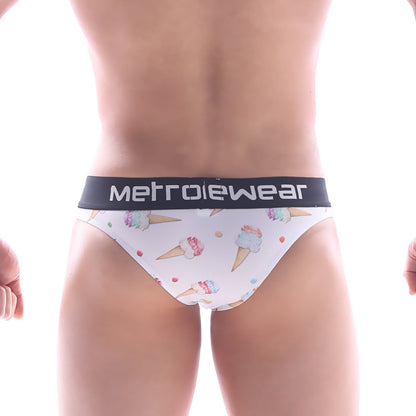 White mens briefs in ice cream cone pattern with pastel swirls and black metrowear waistband shown from back