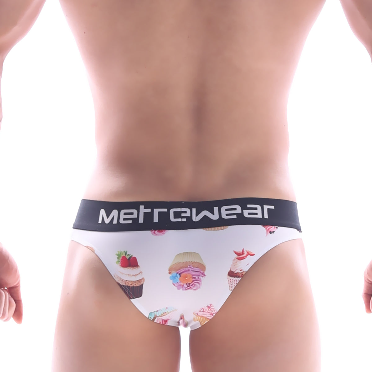 White metrowear sweet cake half back bikini briefs with colorful cupcake and ice cream cone pattern on the back
