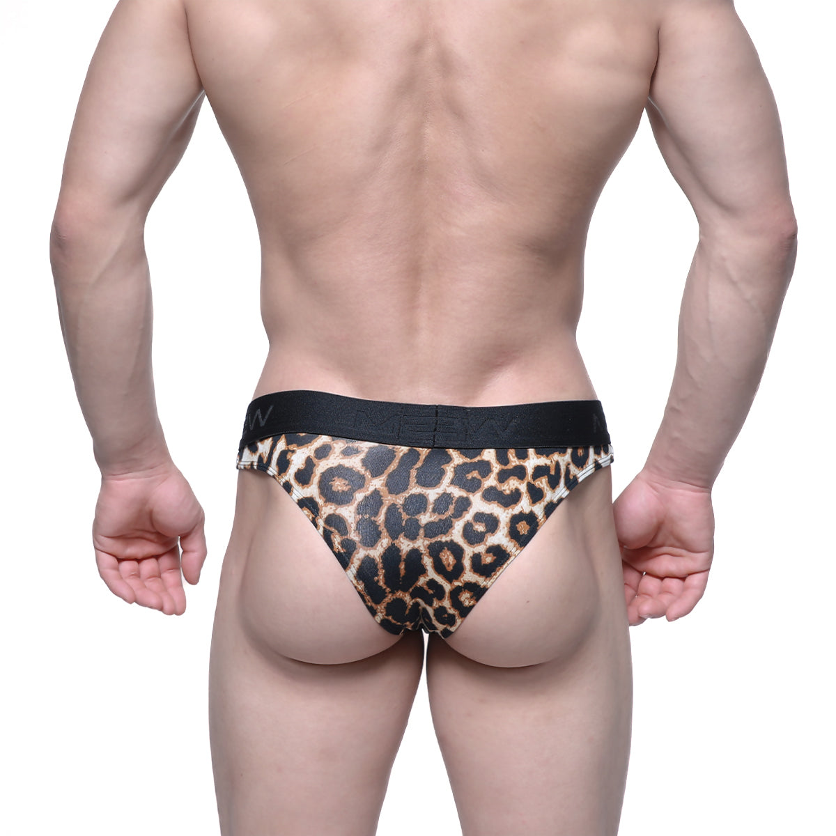 Metro male wear half back bikini leopard 6203-60 leopard print men’s briefs with black elastic waistband back side view
