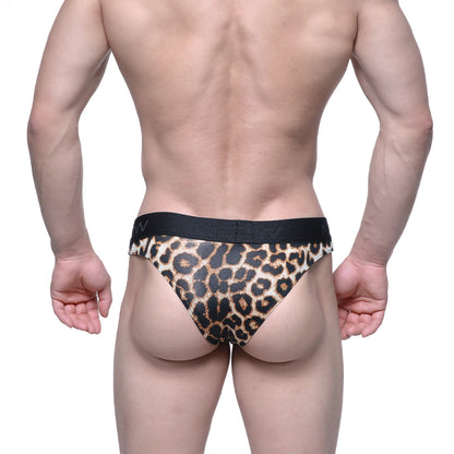 Metro male wear half back bikini leopard 6203-60 leopard print men’s briefs with black elastic waistband back side view