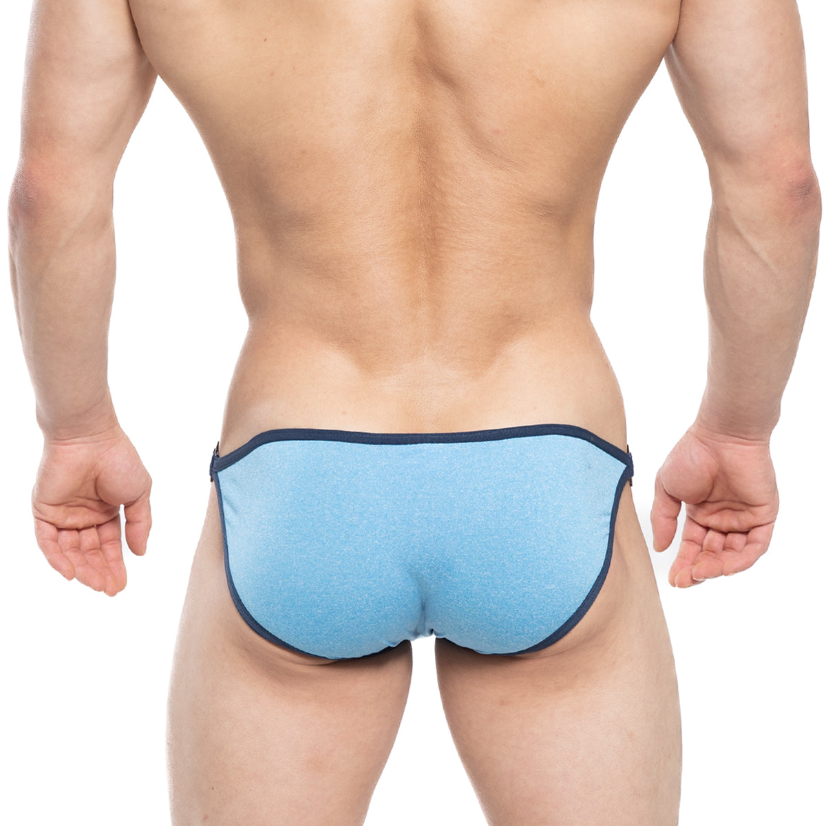 Light blue textured fabric briefs with dark navy trim from MetroMaleWear Mahana Bikini Blue 6204-08 collection