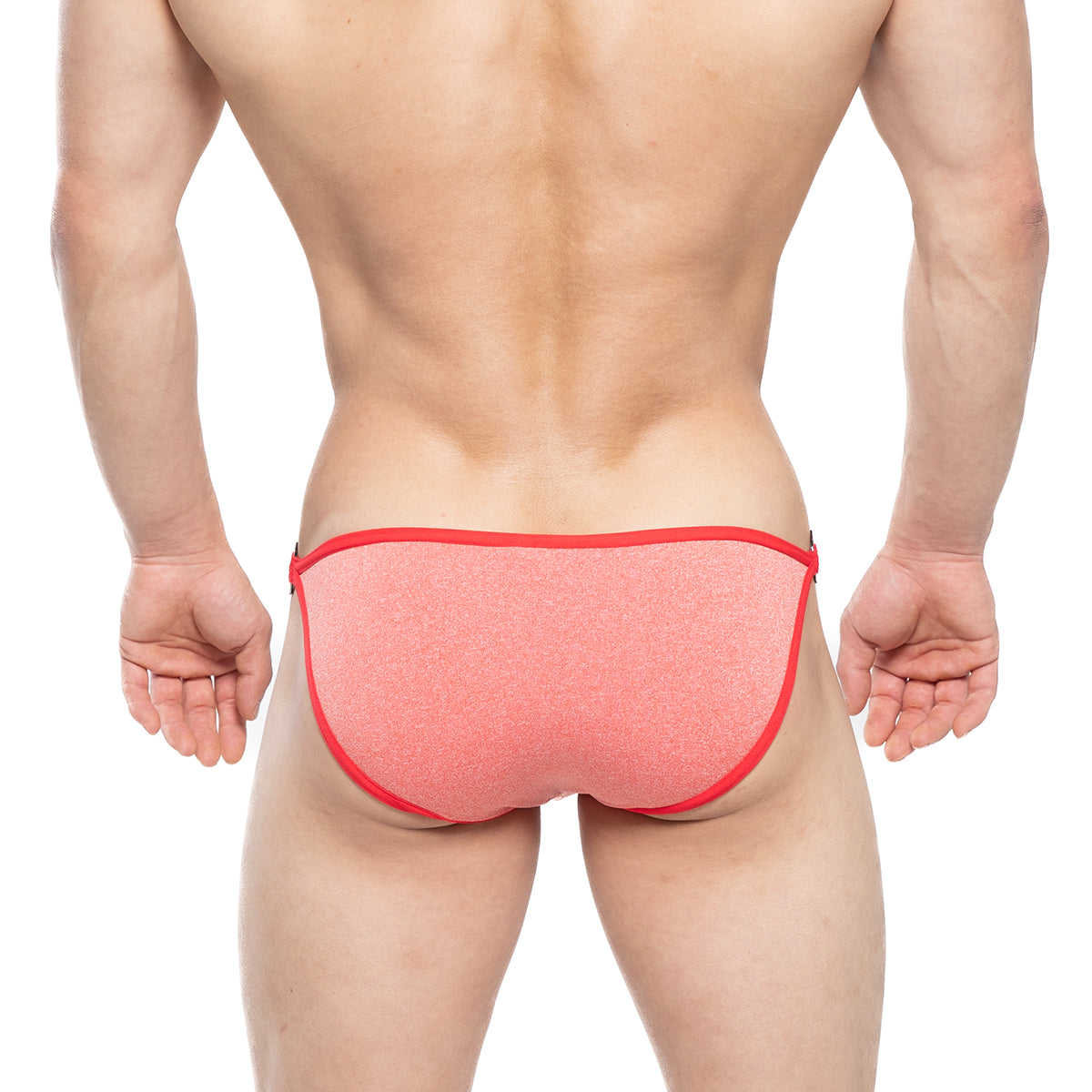 Coral-colored textured metroMalewear mahana bikini brief with bold red trim in orange 6204-14 design