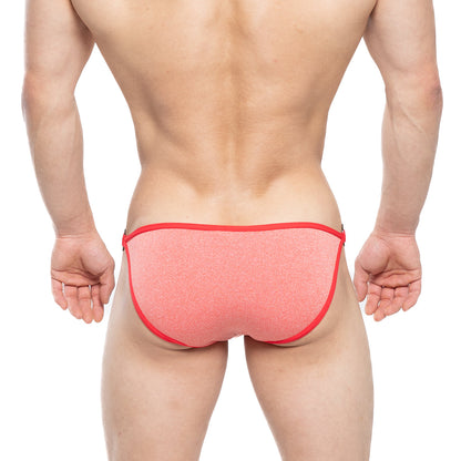 Coral-colored textured metroMalewear mahana bikini brief with bold red trim in orange 6204-14 design
