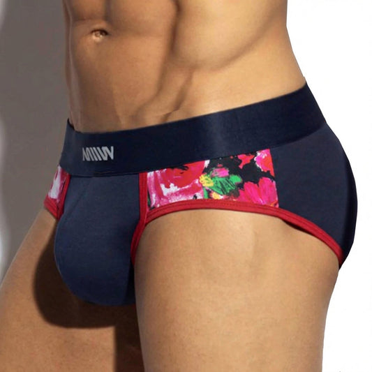 MetroMaleWear panel bikini navy briefs with vibrant floral side pattern red trim and satin waistband