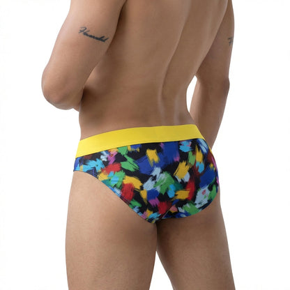 MetroMaleWear Nasca brief yellow 6225-60 with vibrant abstract paint splatter pattern and bold yellow waistband