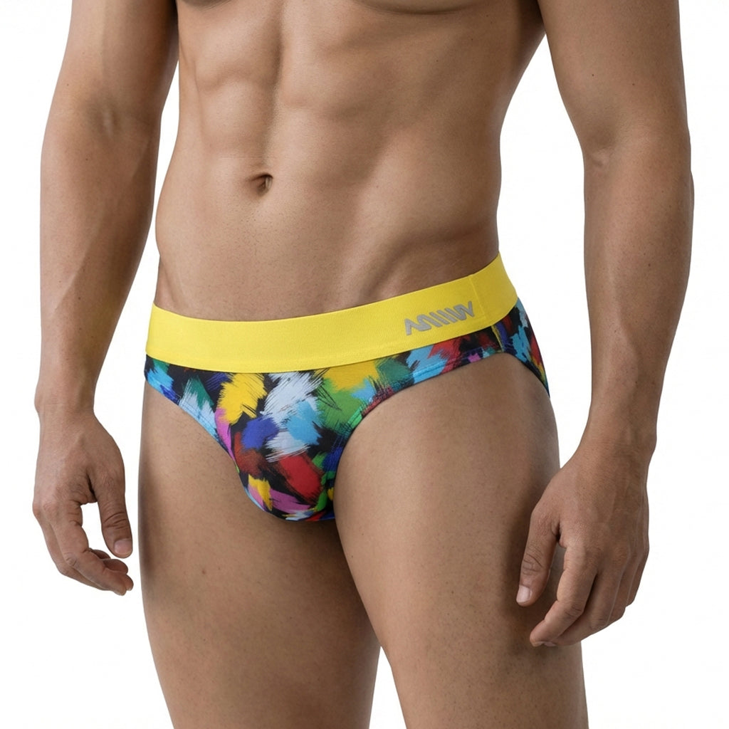 MetroMaleWear Nasca brief yellow features vibrant abstract paint-splatter pattern and bold annn logo waistband