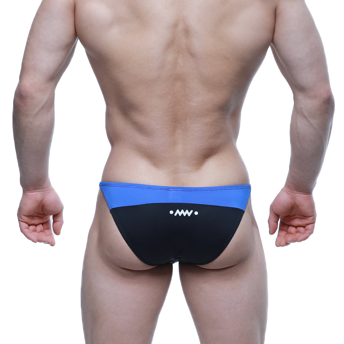 Back view of metro malewear prodigy bikini royal swim trunks in blue and black with a white logo