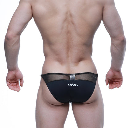 Black mesh metroMalewear prodigy bikini briefs with sleek form-fitting design and subtle white logo detailing