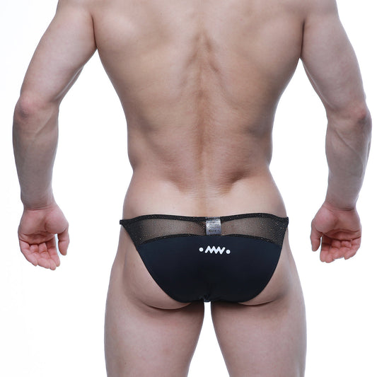 Black mesh metroMalewear prodigy bikini briefs with sleek form-fitting design and subtle white logo detailing