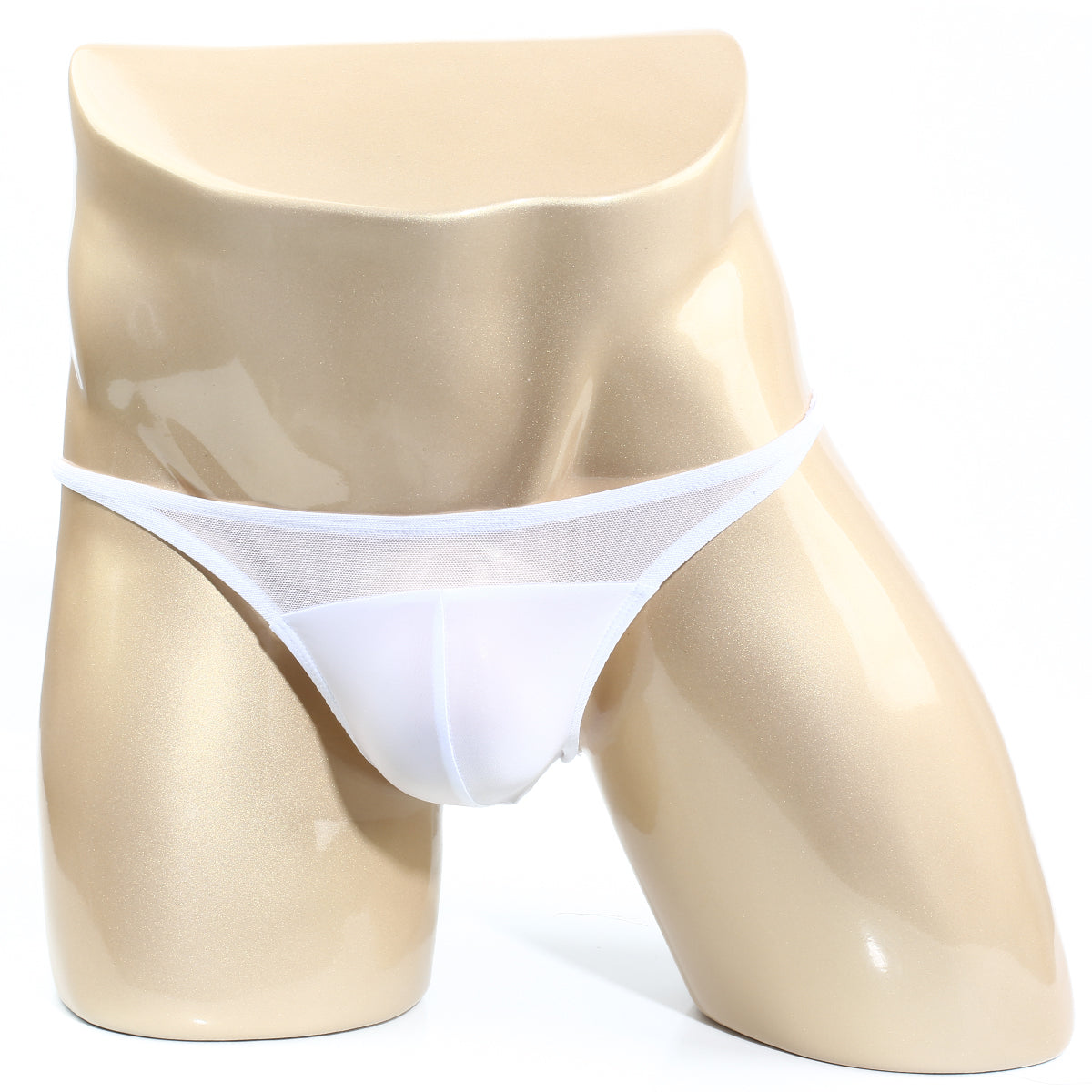 White mesh thong bikini by metromalewear displayed on a mannequin featuring breathable fabric and modern design