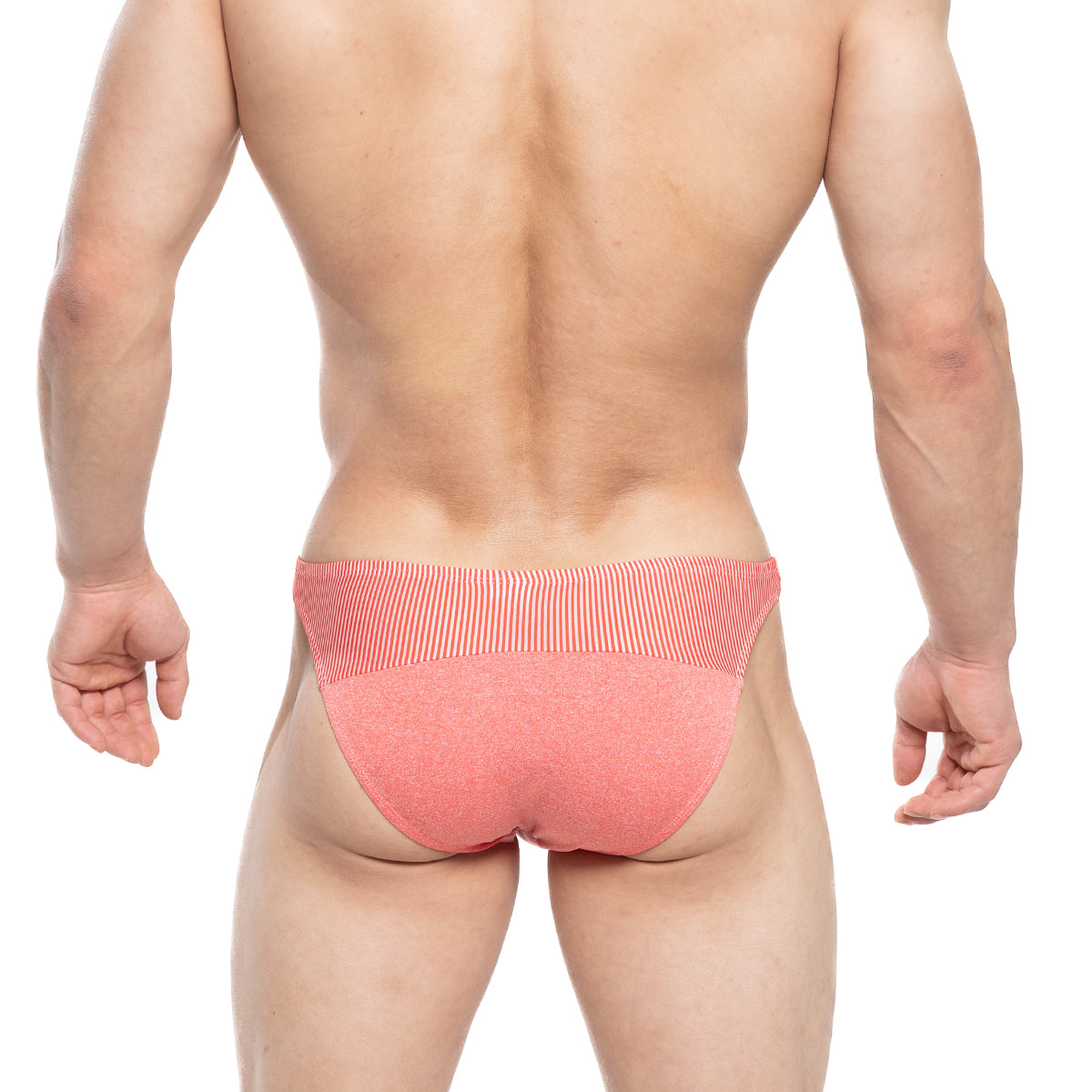 Coral-colored metro malewear awesome bikini briefs with ribbed waistband and textured fabric