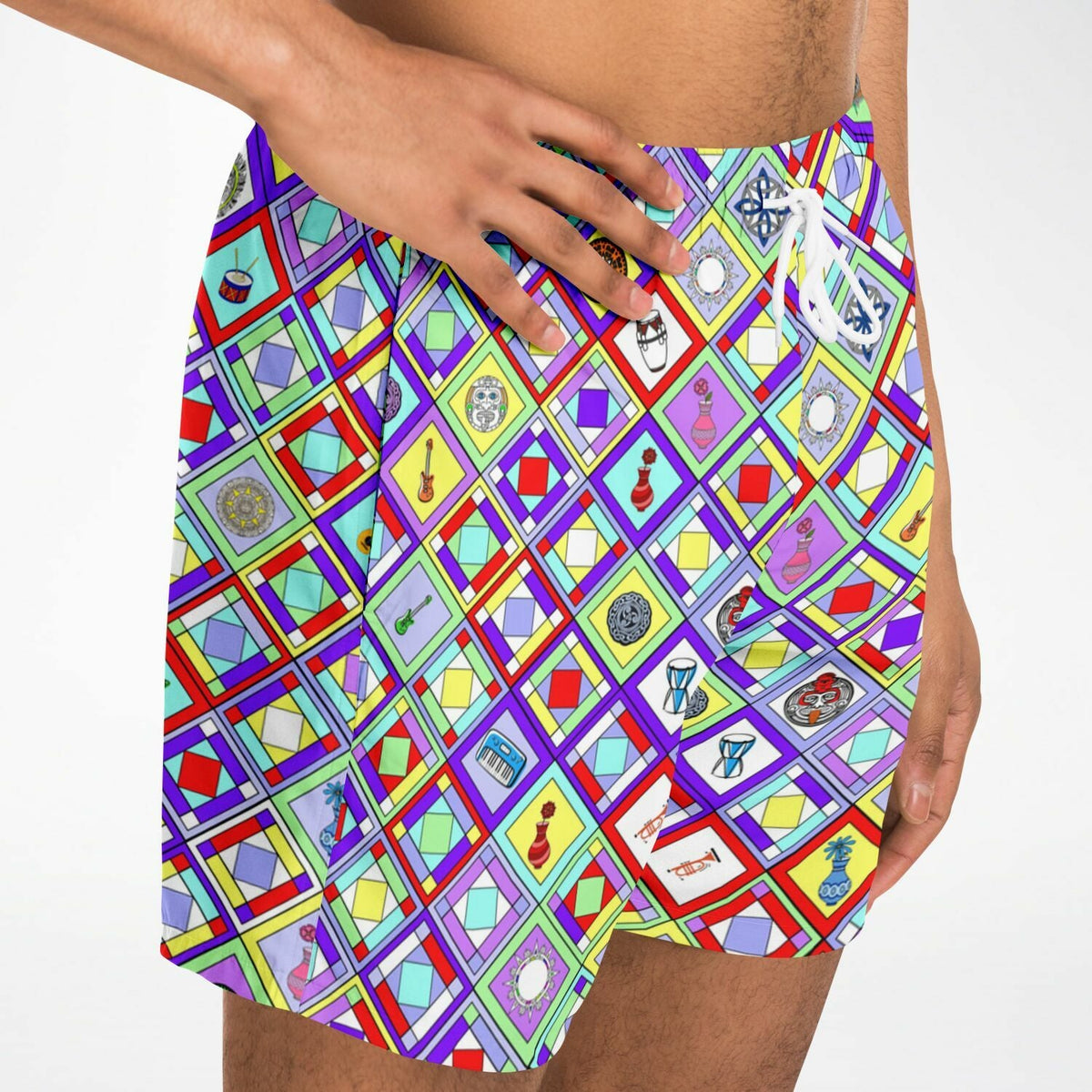 Maris Equi Retro Mod Geometric Diamond Print Swim Trunks for Men