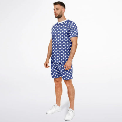 Men's blue top and shorts set with white manta ray print made by Maris Equi featuring a relaxed fit and crew neckline.